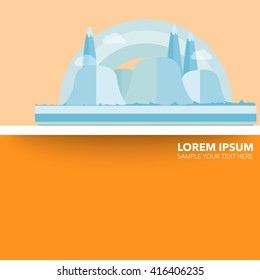 Mountains, hills, clouds and rainbow flat design creative promotion vector poster with paper shadow effect