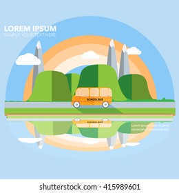 Mountains, hills, clouds, school bus and rainbow flat design creative promotion vector poster 