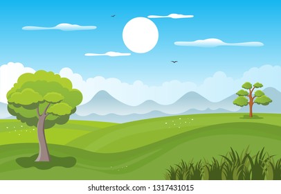 Mountains Hills Green Grass Tree Nature Landscape Sky