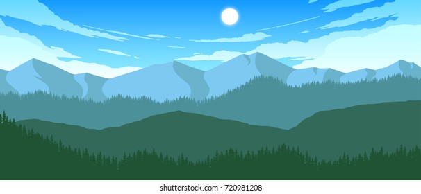 mountains and hills landscape illustration in day time