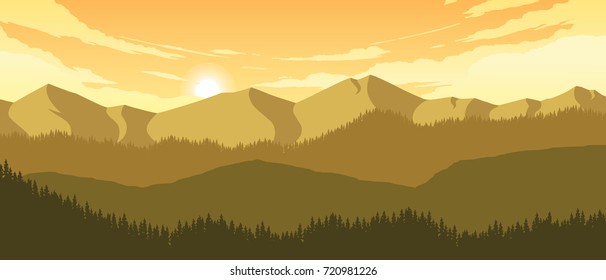 mountains and hills landscape illustration in evening time