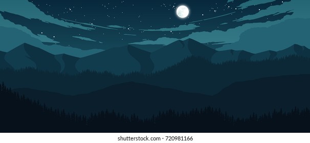 mountains and hills landscape illustration at night time