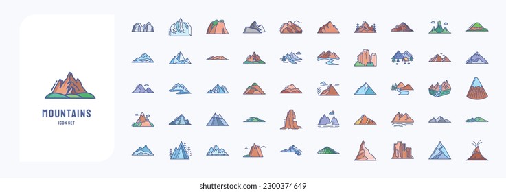 Mountains and hills landscape, including icons like Block Mountain, Fell, Hill,  and more