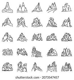 Mountains, hills, mountain ranges and peaks. A set of vector icons, offline, isolated. Tourist route, travel outside. Editable stroke.