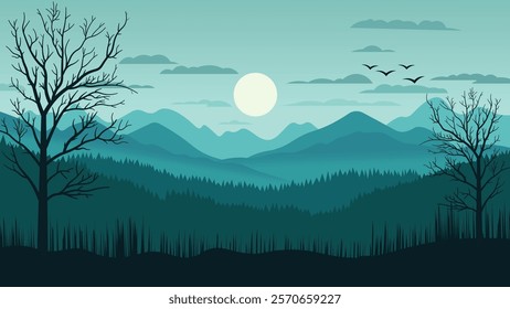 Mountains Hills Nature Landscape with Barren Tree and Sun in Bright Sky