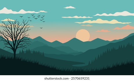 Mountains Hills Nature Landscape with Barren Tree and Sun in the Morning