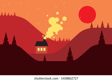 Mountains and hills at night landscape flat design. A mountain group and hills at night- Flat design landscape, Hill background with house at fullmoon can use for wallpaper, background, card, website