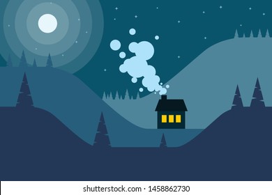 Mountains and hills at night landscape flat design. A mountain group and hills at night- Flat design landscape, Hill background with house at fullmoon can use for wallpaper, background, card, website