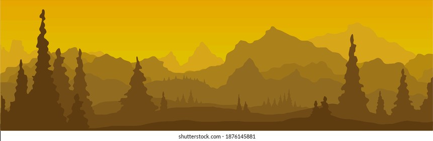 Montañas, colinas y pinos en primer plano. Vista panorámica de la naturaleza.