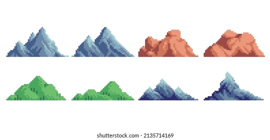 Mountains and hills pixel art icon set. Different landscape elements collection. 8-bit sprite. Game development, mobile app.  Isolated vector illustration.