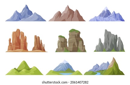 Mountains and hills set vector flat illustration. Natural snowy and cliff mountain peak, hill top, iceberg collection isolated. Nature scenery landscape for camping, hiking tourism, climbing travel