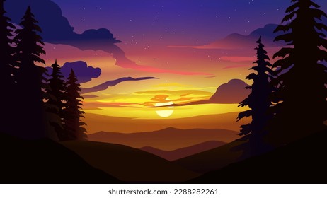 Mountains and hills at sunset. Silhouette of pine trees on the hill