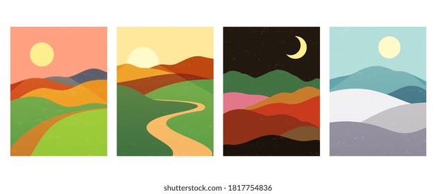 Mountains hills with sunset, sunrise, night. Abstract minimalistic landscape nature backgrounds in scandinavian style.