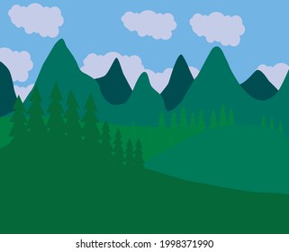 Montañas, colinas y árboles en primer plano. Vistas panorámicas a la naturaleza. Árboles en las montañas. Ilustración vectorial.
