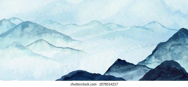 Mountains, hills watercolor landscape. Foggy cold peaks, rocks. Vertical nature view background in blue, neutral colors.
