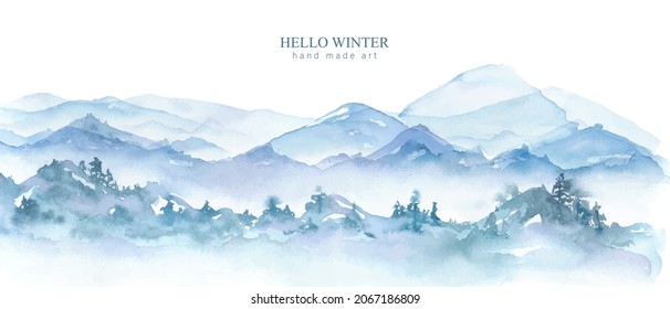 Mountains, hills watercolor landscape. Vertical nature view background in blue, violet colors.