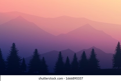 Mountains horizon hills Natural silhouettes in the evening Sunrise and sunset Landscape wallpaper Illustration vector style Colorful view background