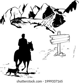 Montañas y un jinete. Montañas y acantilados. Un humano y un perro pequeño. Y una señal. Imagen vectorial creada con siluetas.