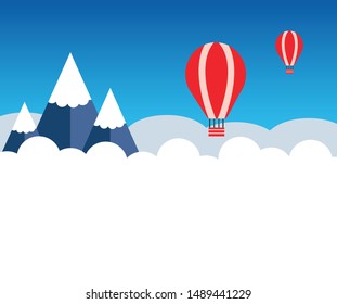 Mountains with hot air balloon vector design.