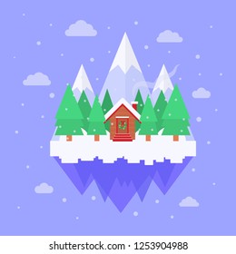 Mountains and house between trees with snowflakes. Snowy flat vector.