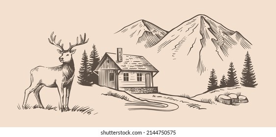 Mountains and house with deer vector. Nature landscape