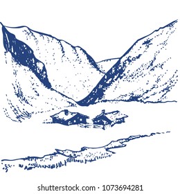 Mountains with house engraving dot work hand drawn line art ink sketch vector illustration on white background