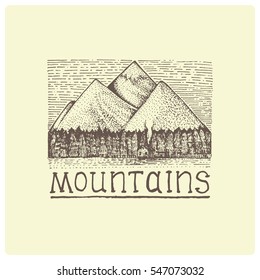 mountains with house and forest engraved, hand drawn vector illustration in woodcut scratchboard style, vintage drawing lable.