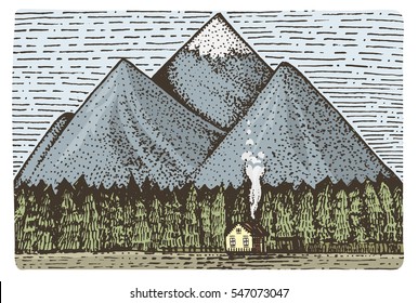 Montañas con casa y bosque grabado, ilustración vectorial hecha a mano en el estilo de cartón de madera, lámina de dibujo vintage.