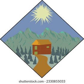 Gebirgshaus und Baum-Logo-Design in Quad-Form
