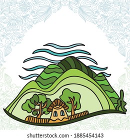 Mountains and house. Vector illustration