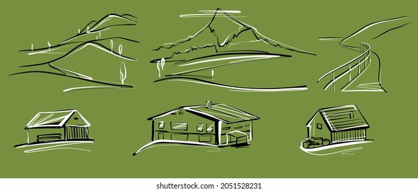 Mountains and houses. A set of elements for illustrations of a mountain landscape.