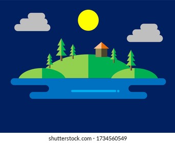 Mountains with houses and trees at the top and the sea at the bottom at the night.