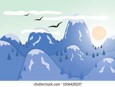 Mountains with ice cap. The sun hides behind the mountains.