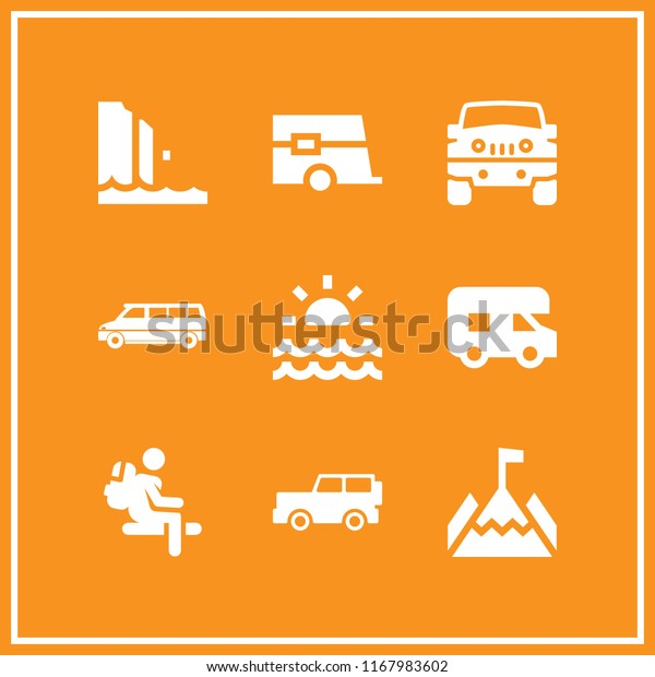 mountains\
icon. 9 mountains vector set. adventure, wagon, sunrise and jeep\
icons for web and design about mountains\
theme