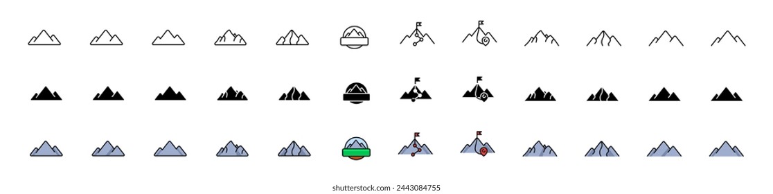 Mountains icon collection. Linear, silhouette and flat style. Vector icons
