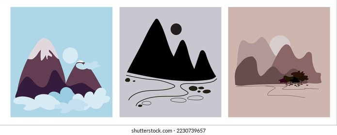 Mountains icon collection set. Three graphic design. Colourful art. International mountain day December 11.