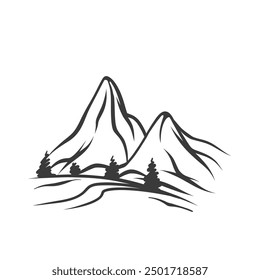 Bergsymbol, doodle alpine Strecke mit Bäumen zu Fuß. Retro minimal felsigen Landschaft Emblem. Natur der Alpen, Abenteuer zur Wildnis, Camping-Maskottchen, handgezeichnete Berge Symbol Vektorgrafik