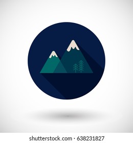 Mountains icon, Flat design of landscape with long and round shadow, Vector illustration