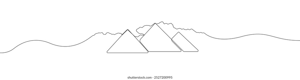 Vetor de desenho contínuo de linha de ícone de montanhas. Uma linha Pyramids ícone vetor fundo. Ícone Montanhas. O contorno contínuo de um ícone Montanhas.