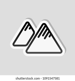 Mountains icon. Linear style with thin outline. Sticker style with white border and simple shadow on gray background