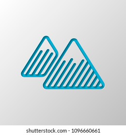 Mountains icon. Linear style with thin outline. Paper design. Cutted symbol with shadow