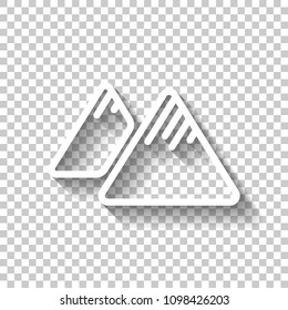 Mountains icon. Linear style with thin outline. White icon with shadow on transparent background