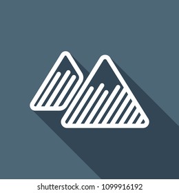 Mountains icon. Linear style with thin outline. White flat icon with long shadow on background