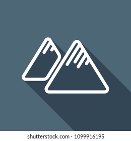 Mountains icon. Linear style with thin outline. White flat icon with long shadow on background