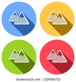 Mountains icon. Linear style with thin outline. Set of white icons with long shadow on blue, orange, green and red colored circles. Sticker style
