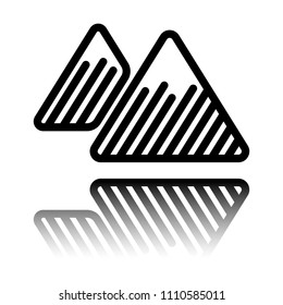 Mountains icon. Linear style with thin outline. Black icon with mirror reflection on white background
