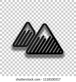 Mountains icon. Linear style with thin outline. Black glass icon with soft shadow on transparent background