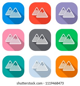 Mountains icon. Linear style with thin outline. Set of white icons on colored squares for applications. Seamless and pattern for poster