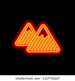 Mountains icon. Linear style with thin outline. Orange neon style on black background. Light icon