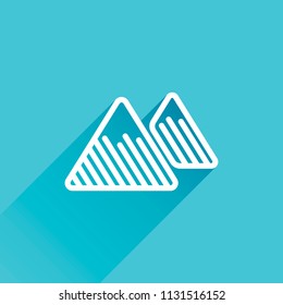 Mountains icon. Linear style with thin outline. Gray icon with long shadow in bottom left corner on blue background